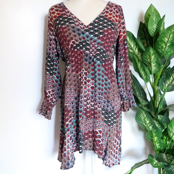 Maeve Anthropologie Boho Print Long Sleeve V-neck Mini Dress Multicolor Size M P - Picture 1 of 11